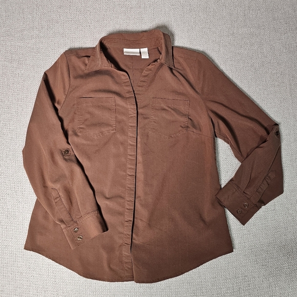 Chicos Brown Modal Button Up Blouse Top with Breast Pockets Silky Feel Size 0 M - Picture 7 of 13